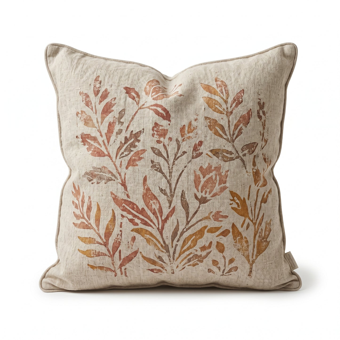 Botanical Block Print Linen Throw Pillow - Terracotta & Ochre